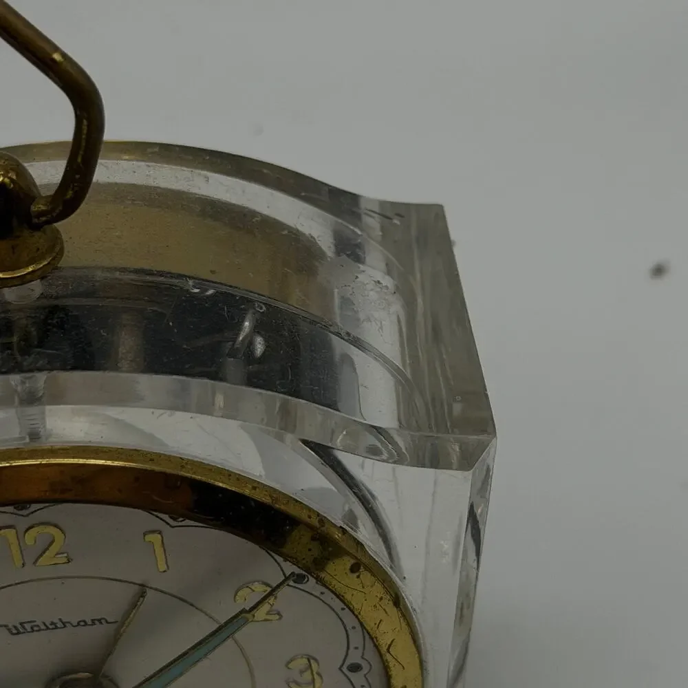 Waltham Alarm Clock Mechanical Clear Lucite Case Brass Germany Parts Display